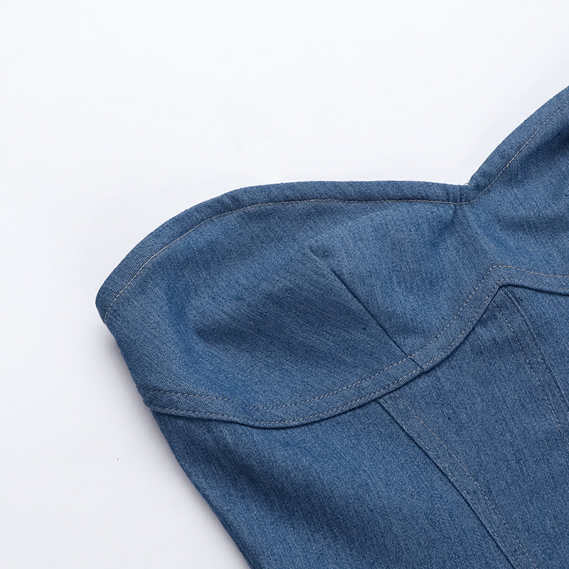 Women's Y2K Backless Tube Denim Dress – Slim Fit Summer Casual Mini Dress with Strapless Design